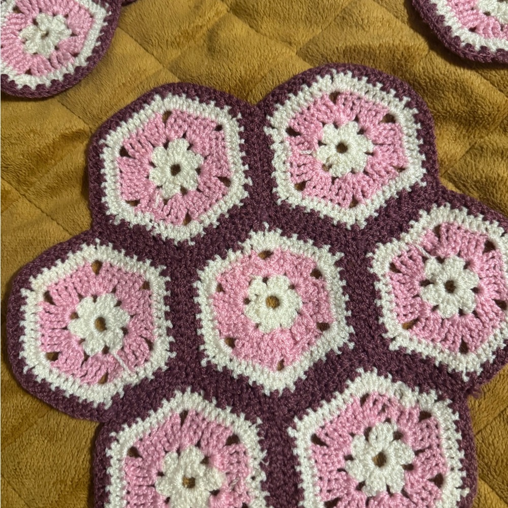 Handmade Crochet Hexagon Flower Mat - Pink, Cream & Berry